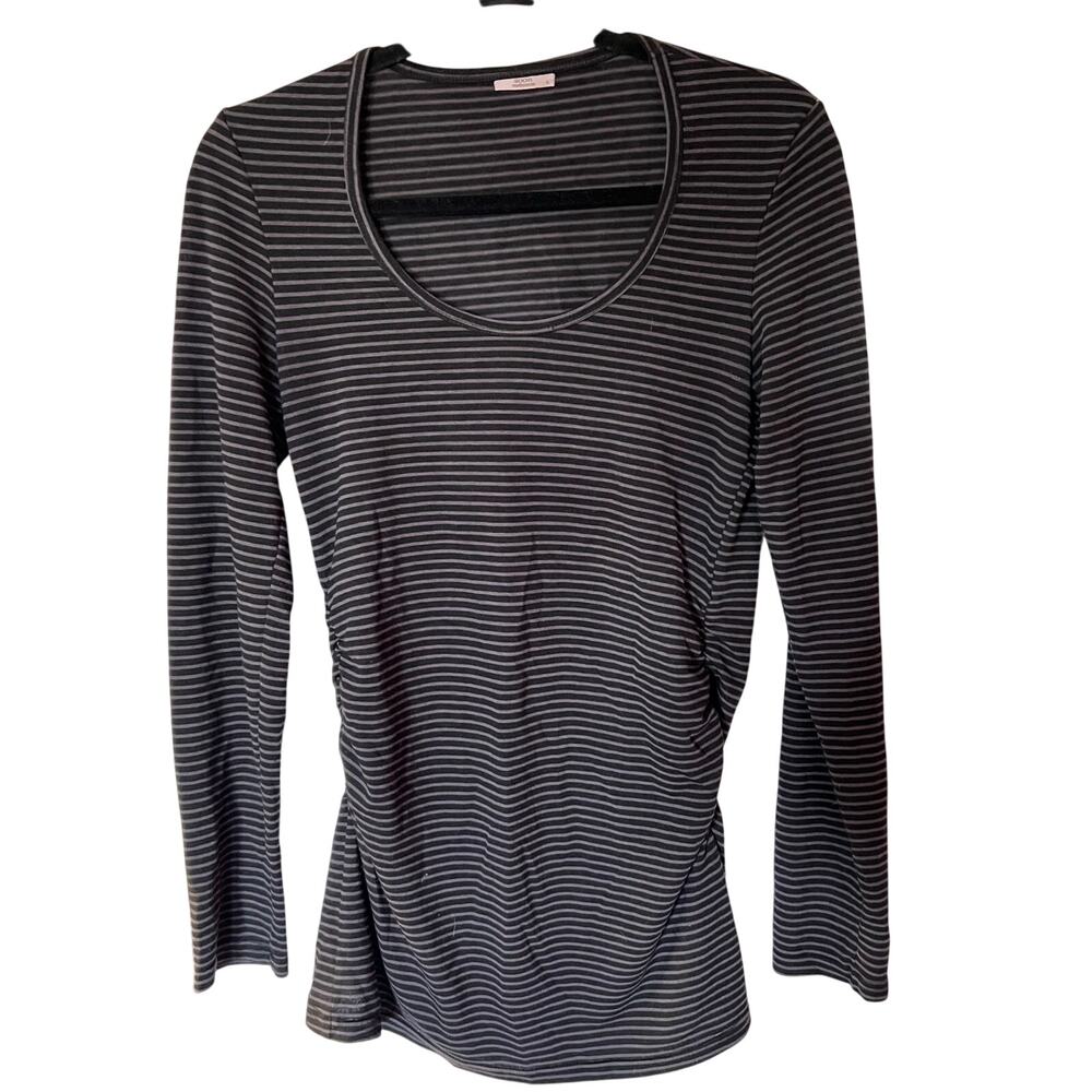 Soon Maternity Black and Gray Striped Ruched Long Sleeve Tee SZ L